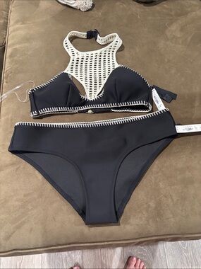 2 pc Victoria's Secret Black Bikini Set w/ White Crochet Trim lg bottom, m top